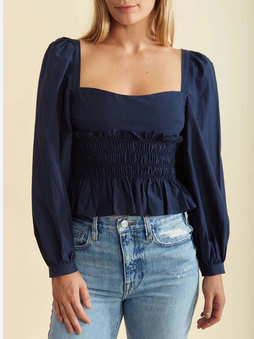NWT Ciao Lucia Katina Top Midnight Blue Smocked Puff Sleeves